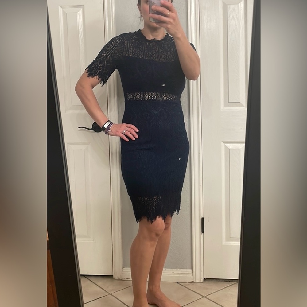 Lulu’s eyelash hem navy lace dress, size M